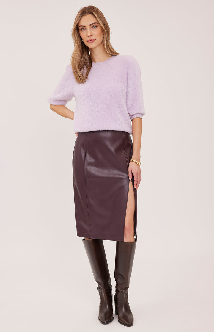 Gentle Fawn Lydia vegan leather skirt in amethyst color, featuring a sleek, fitted design with a high waist and stylish silhouette.