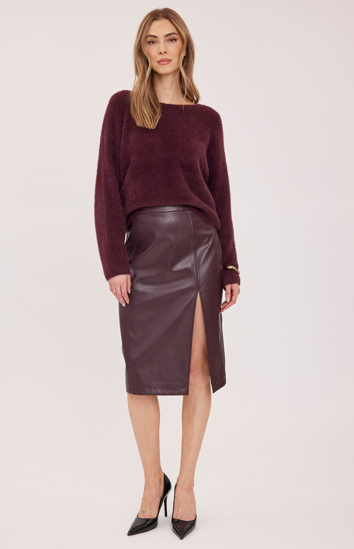 Gentle Fawn Lydia vegan leather skirt in port color, stylish high-waisted design with smooth, sleek finish, perfect for casual or dressy wear.