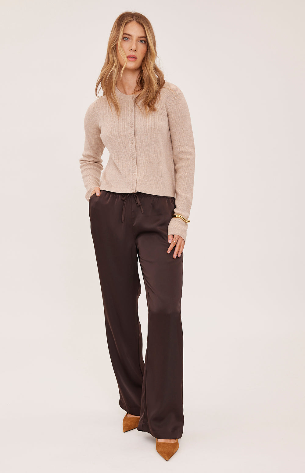 Gentle Fawn Cassandra satin pants in espresso color, stylish and comfortable pants with a smooth satin finish.