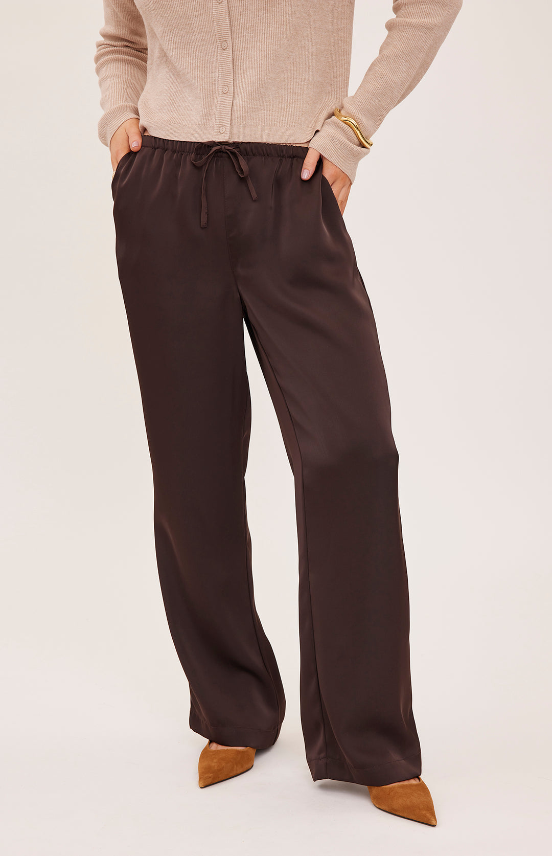 Gentle Fawn Cassandra Satin Pants in espresso, featuring a sleek design and smooth fabric for a stylish, comfortable fit.