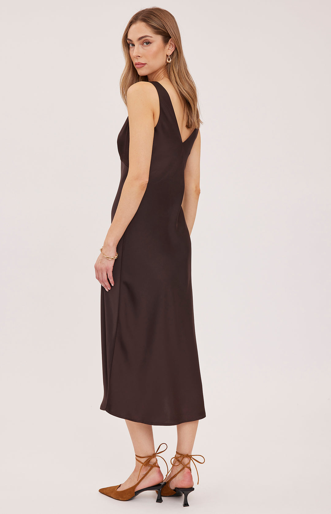 Gentle Fawn Antonia satin dress in espresso color, featuring a sleek, elegant design with soft fabric and stylish fit.