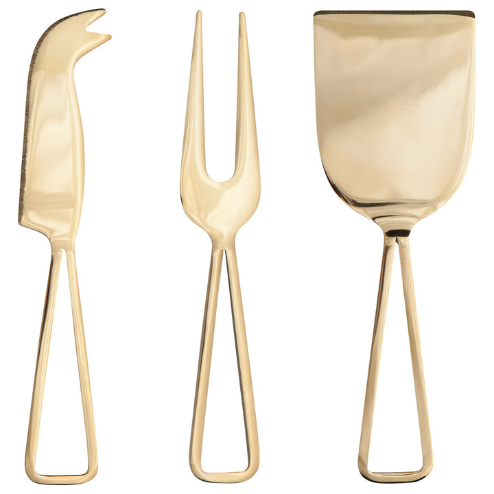 Danica gold cheese knife set with four stainless steel cheese knives featuring elegant gold handles.