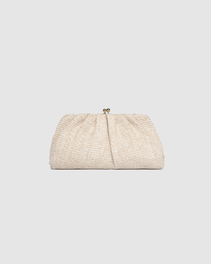 Louenhide Goldie Raffia Clutch bag with woven raffia exterior and gold-tone accents, stylish accessory for casual and evening wear.