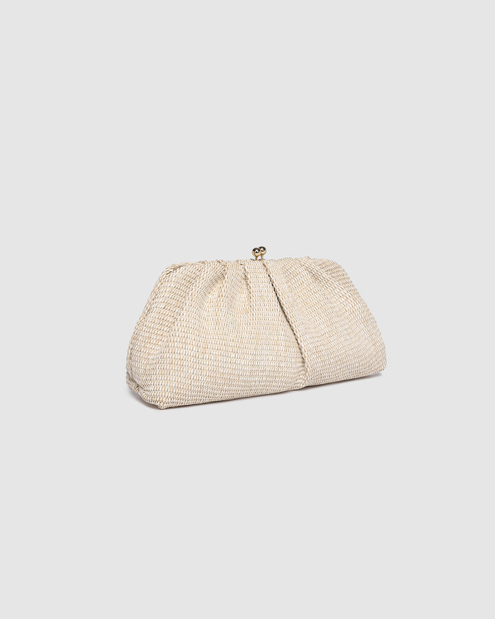 Louenhide Goldie Raffia Clutch bag featuring a woven raffia design with a sleek gold-tone clasp and compact style.