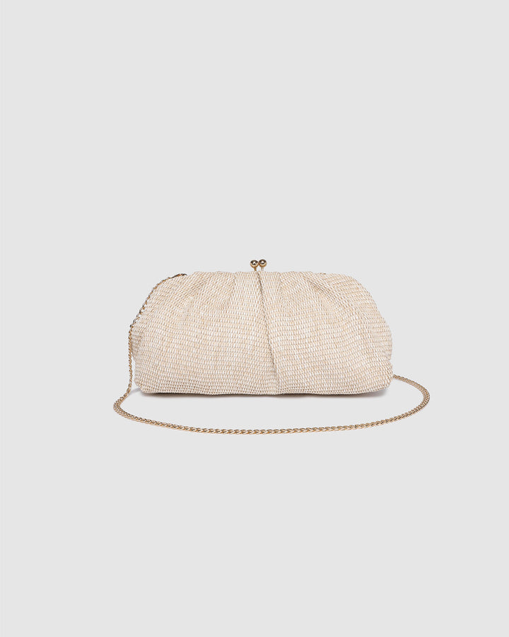 Louenhide Goldie Raffia Clutch bag with woven raffia exterior and gold-tone clasp, stylish and compact accessory for occasions