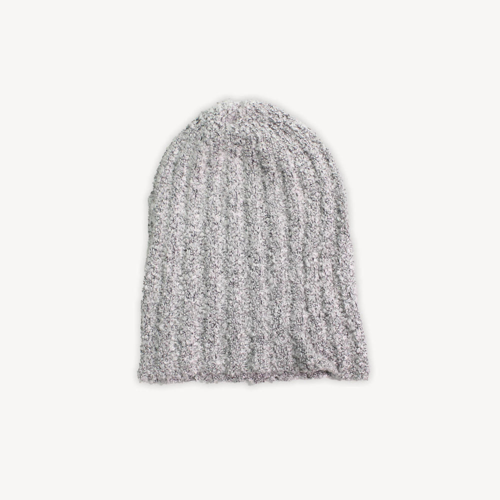 Gray knit beanie on a white background