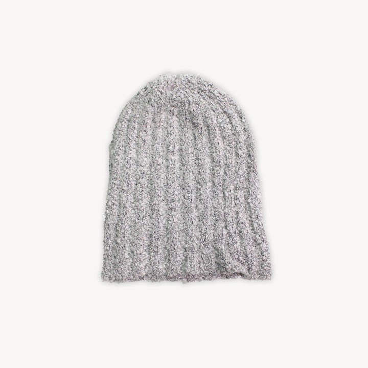 Gray knit beanie on a white background
