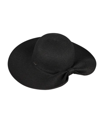 Women’s black wide brim sun hat with  back knot detail