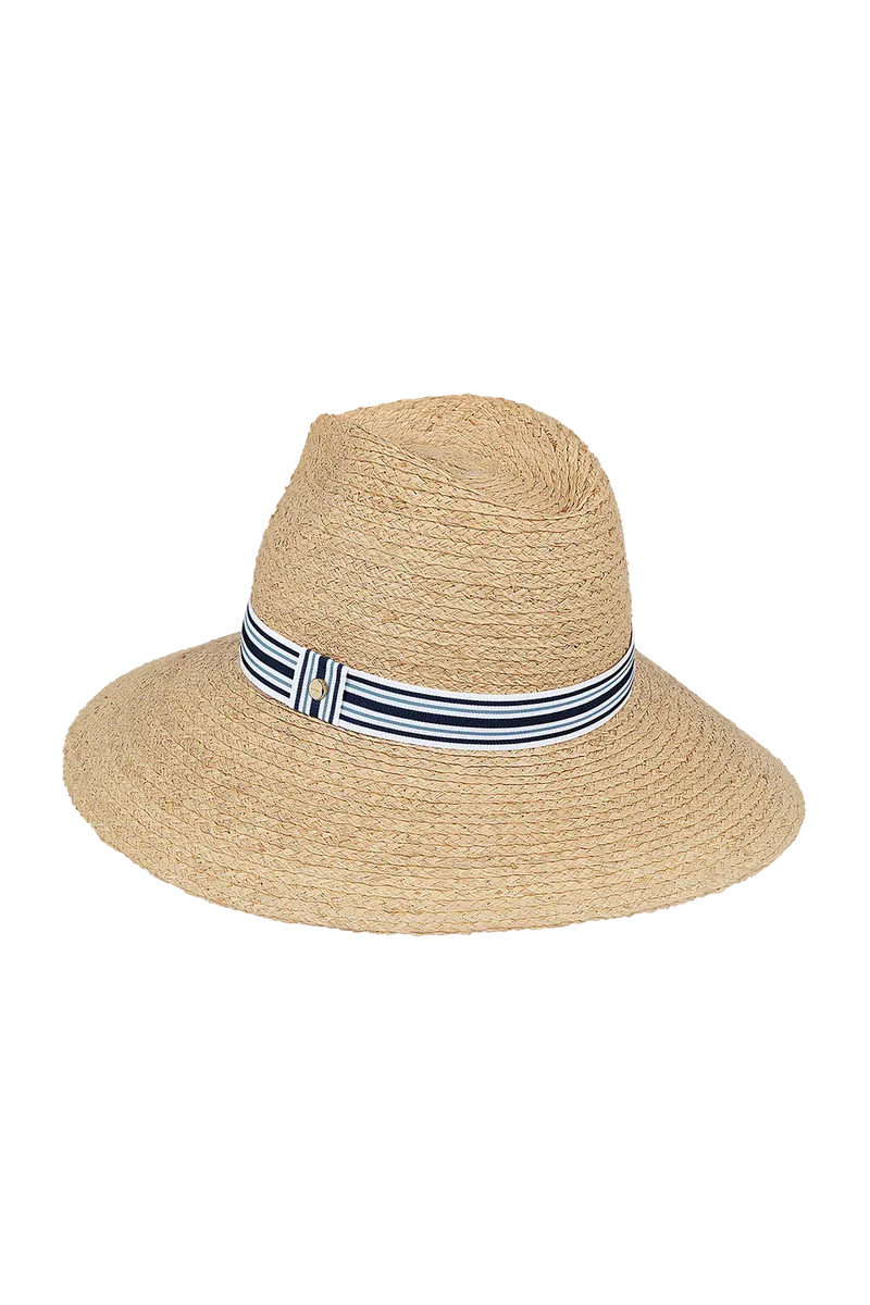 Kooringal Hampton wide brim sun hat made of straw with a striped ribbon band, providing stylish sun protection.