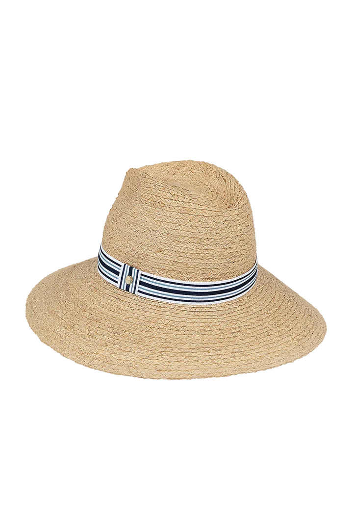 Kooringal Hampton wide brim sun hat made of straw with a striped ribbon band, providing stylish sun protection.