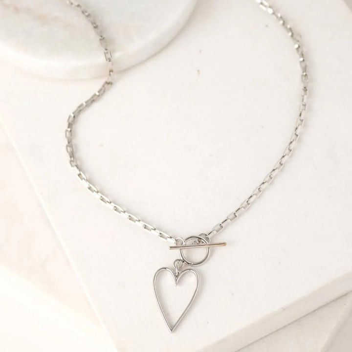 Heart Necklace-silver with toggle clasp paper clip chain
