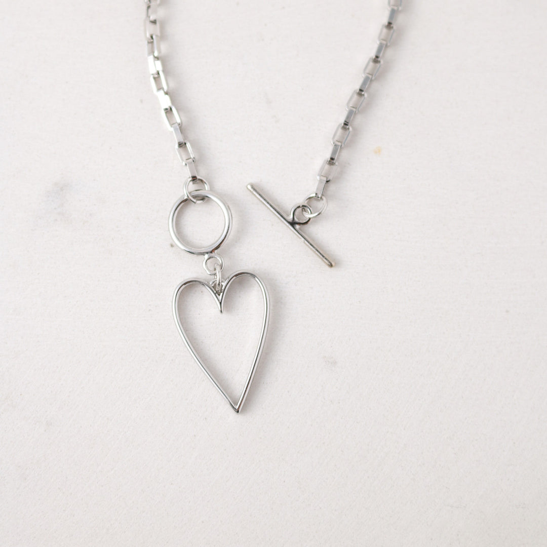 Heart Necklace-silver with toggle clasp paper clip chain