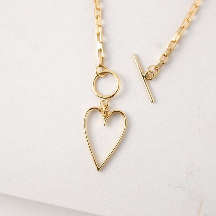 Heart Necklace gold plated with toggle clasp paper clip chain