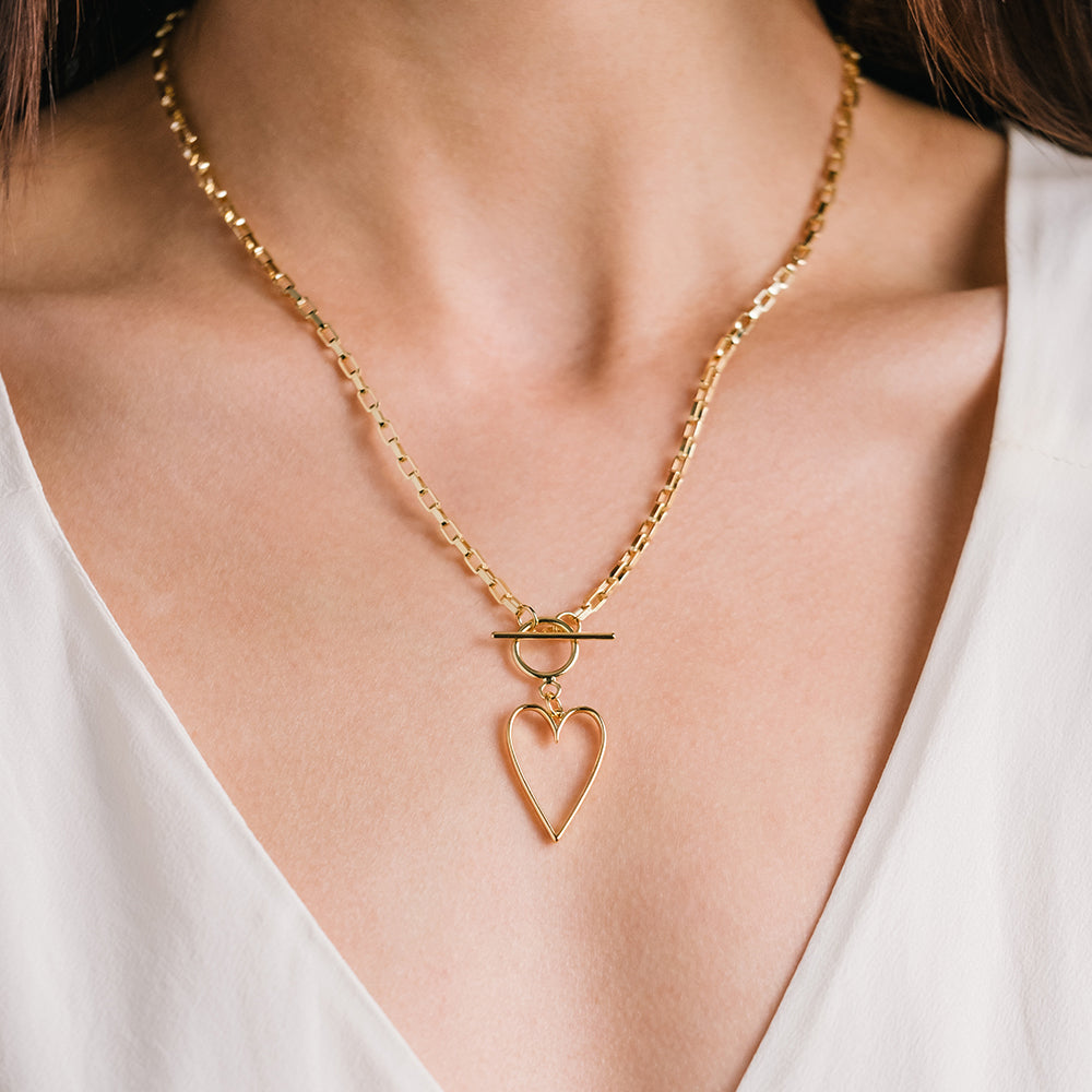 Heart Necklace gold plated with toggle clasp paper clip chain