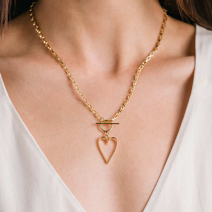 Heart Necklace gold plated with toggle clasp paper clip chain