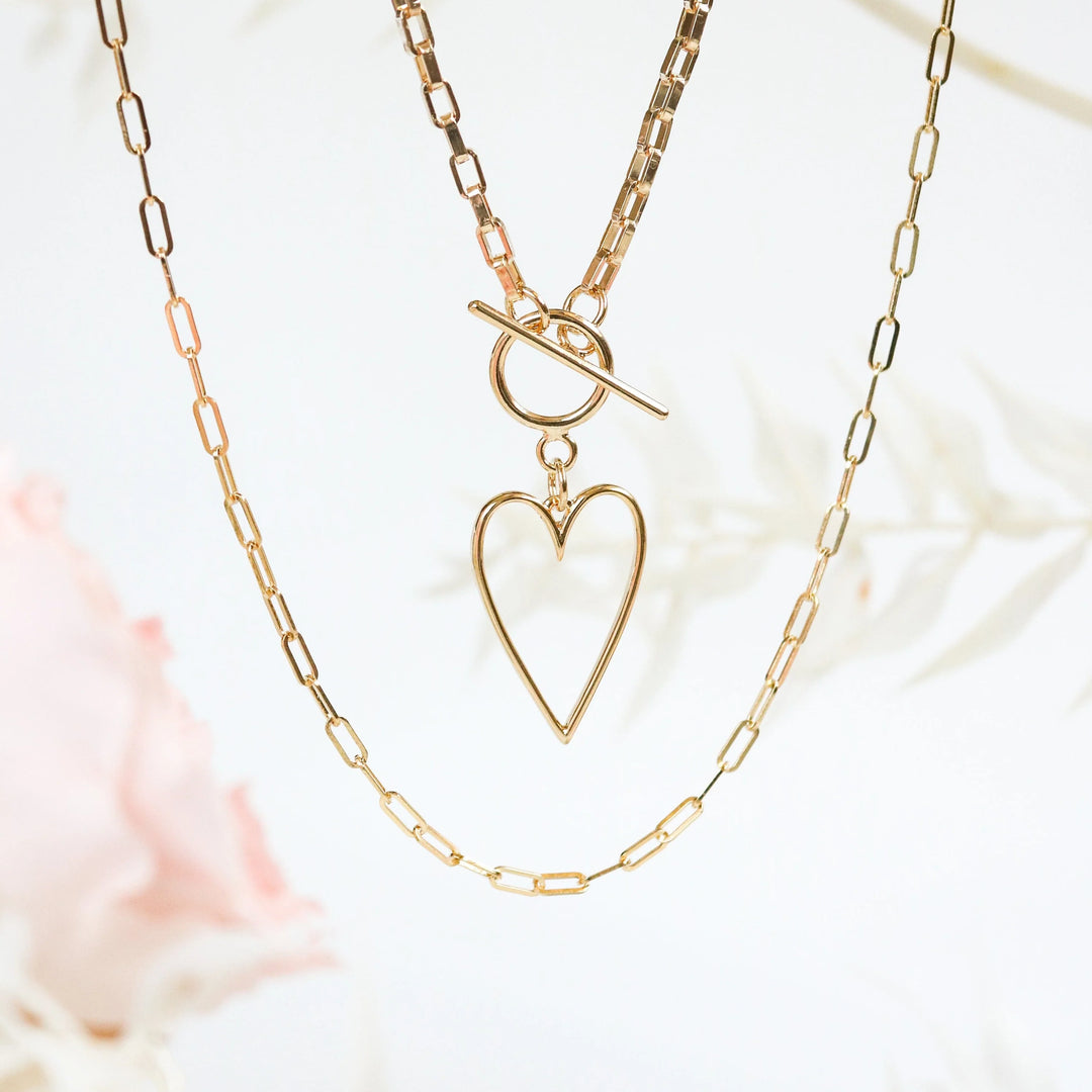 Heart Necklace gold plated with toggle clasp paper clip chain