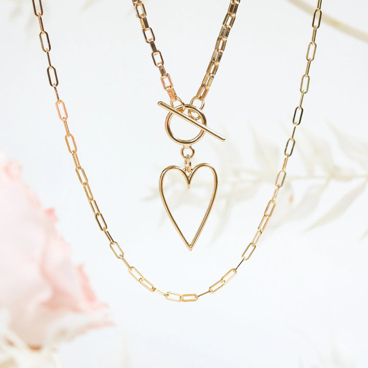 Heart Necklace gold plated with toggle clasp paper clip chain