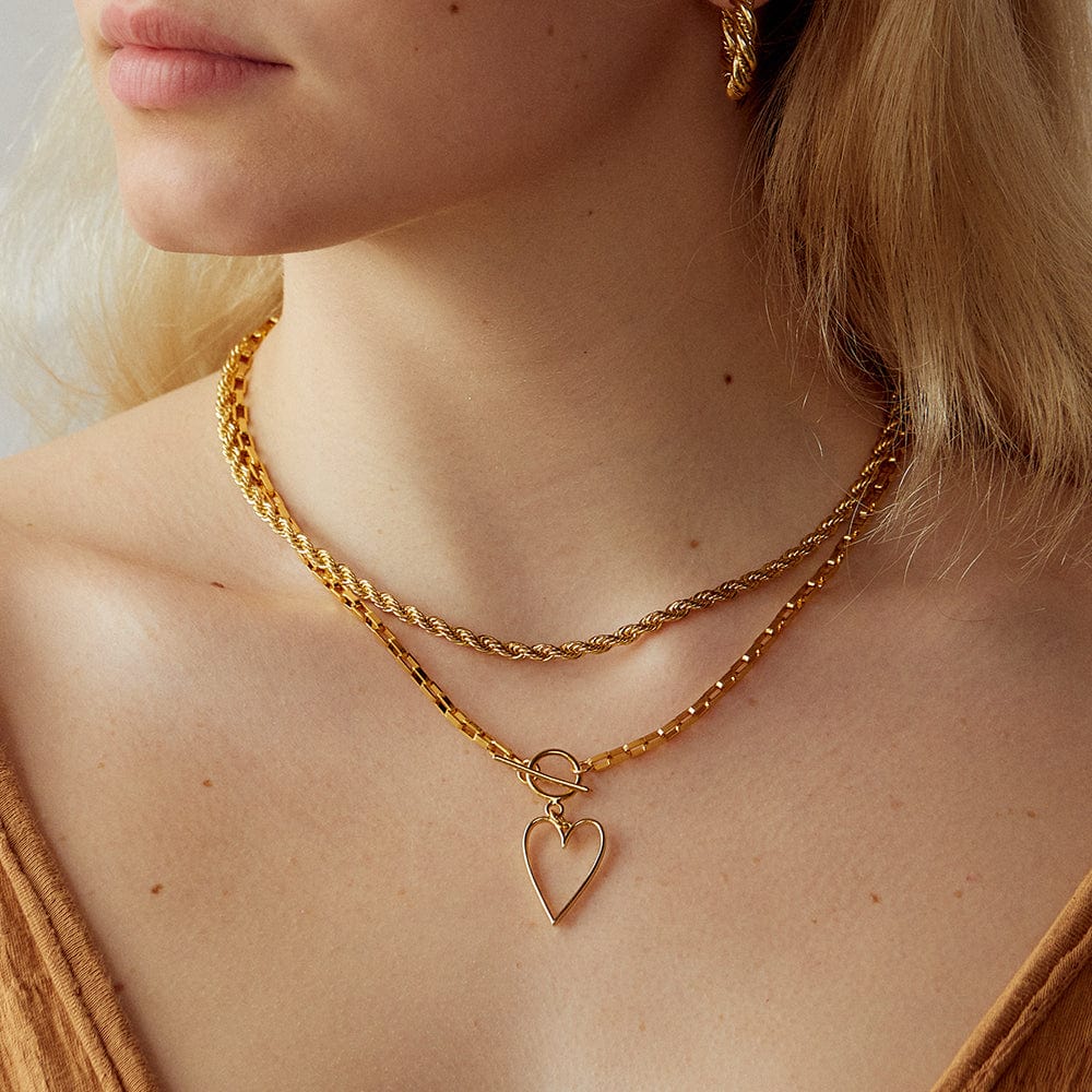 Heart Necklace gold plated with toggle clasp paper clip chain