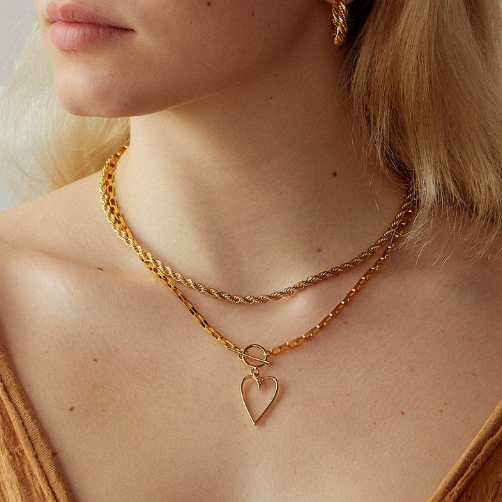 Heart Necklace gold plated with toggle clasp paper clip chain