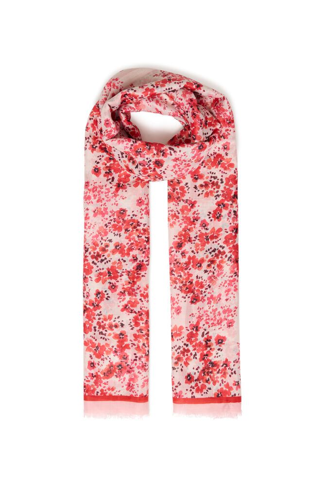 Sanni floral scarf by FRANSA featuring vibrant flower patterns and lightweight fabric, perfect for stylish accessorizing.