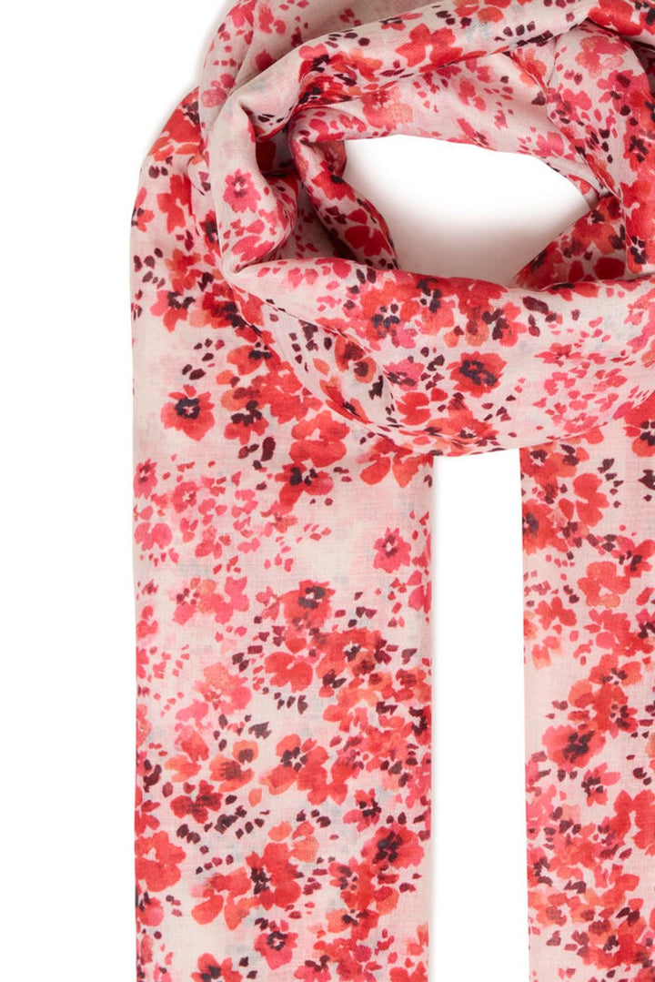 FRANSA Sanni floral scarf featuring vibrant flower patterns and lightweight fabric, perfect for stylish accessorizing.