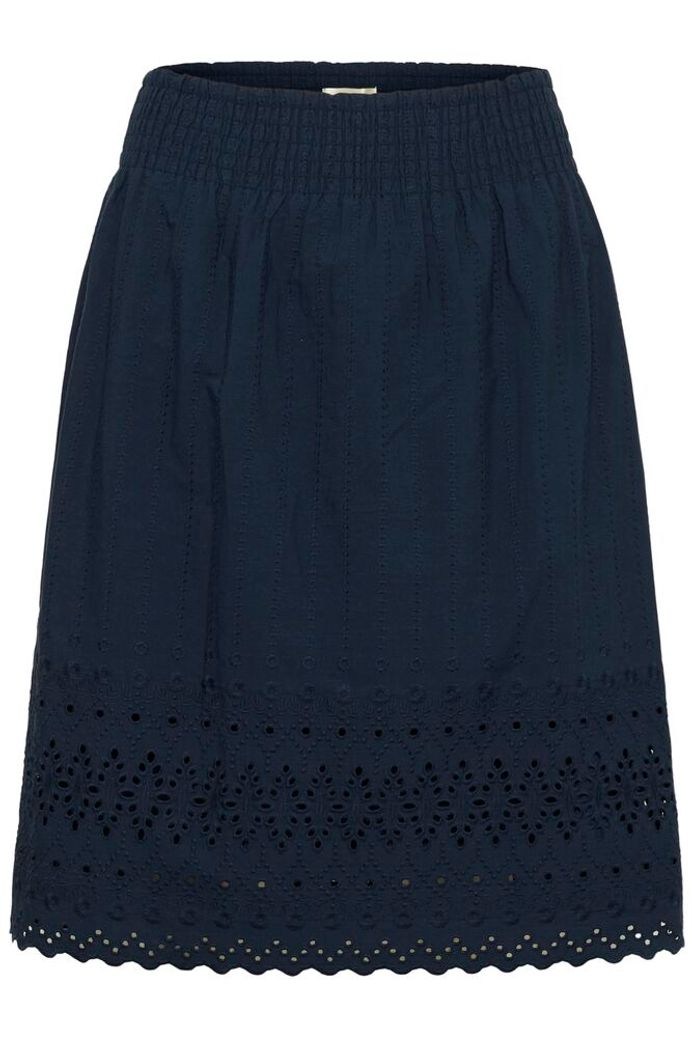 Cream Jana skirt featuring a stylish, a line design with an elastic waistband and knee-length cut, perfect for casual or semi-formal wear.