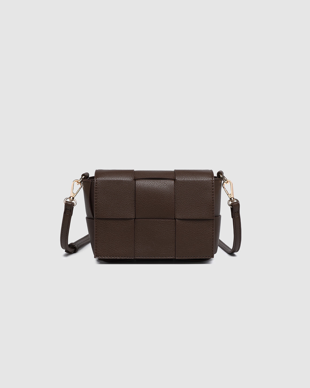 Louenhide Josephine Crossbody Bag shown with chain strap and compact interior in brown vegan leather.