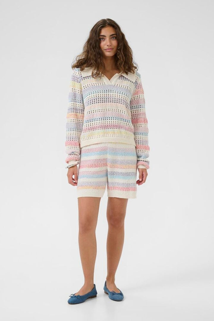 Culture Juana Knit Polo Sweater, close-up of the soft knit fabric with a collared polo stripe design and button details.