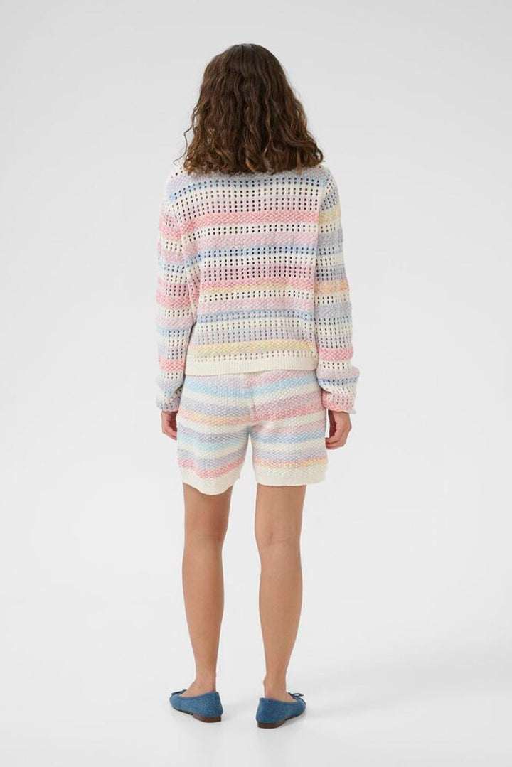 Culture Juana Knit Polo Sweater featuring a classic open knit design, stripes in pastel tones and polo collar on a model.