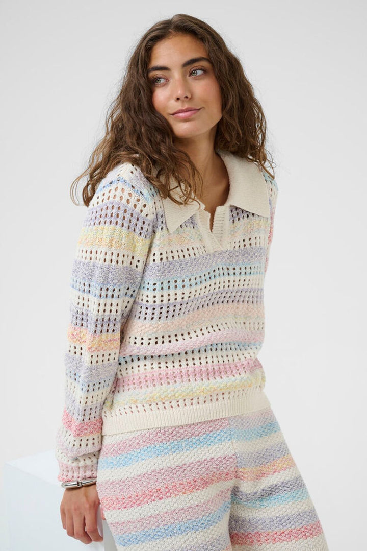 Culture Juana Knit Polo Sweater, close-up of soft knit , pastel stripe fabric and classic collar, casual style for women.