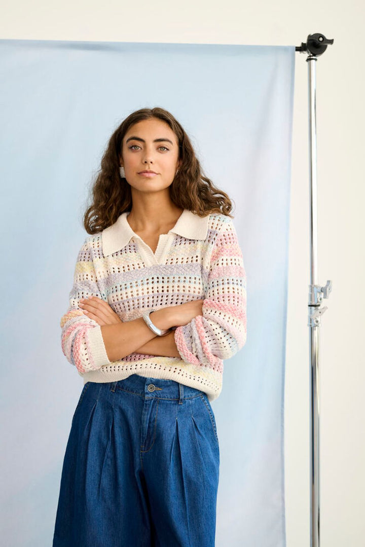 Culture Juana Knit Polo Sweater, close-up of soft, ribbed fabric with a classic polo collar in pastel stripes.
