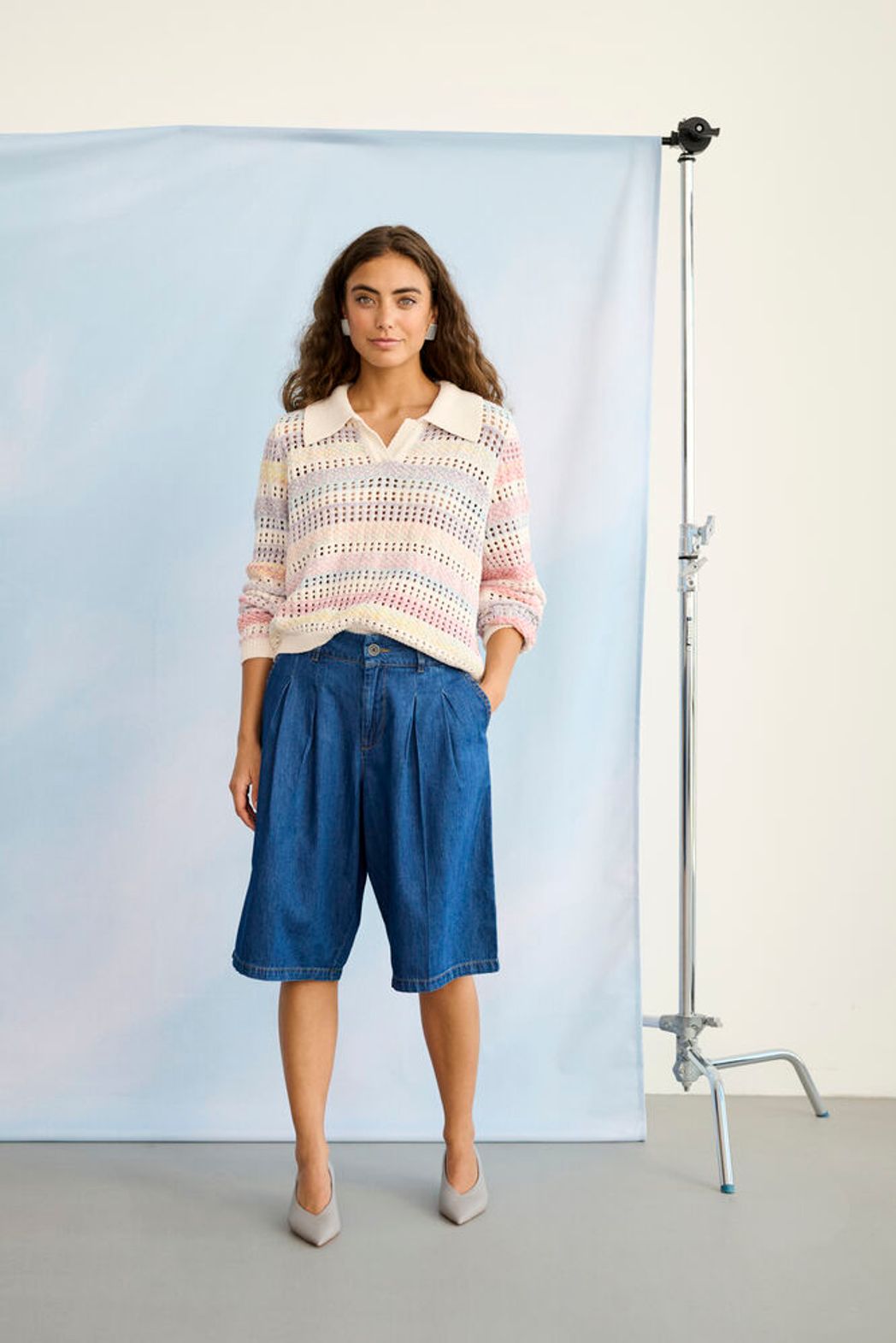 Culture Juana Knit Polo Sweater featuring a classic collar and textured open knit stripe fabric in a versatile design.