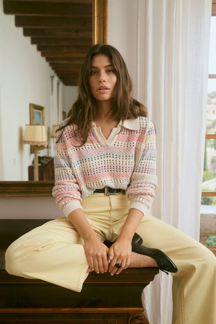 Culture Juana Knit Polo Sweater, a cozy knitted sweater with a polo collar, in pastel tones, designed for casual wear.