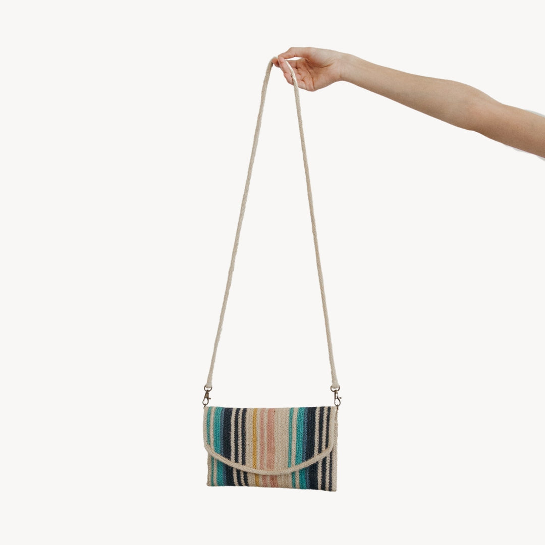 Pokoloko Summer Stripe Jute Crossbody Bag with colorful striped pattern and  shoulder strap, casual and eco-friendly accessory
