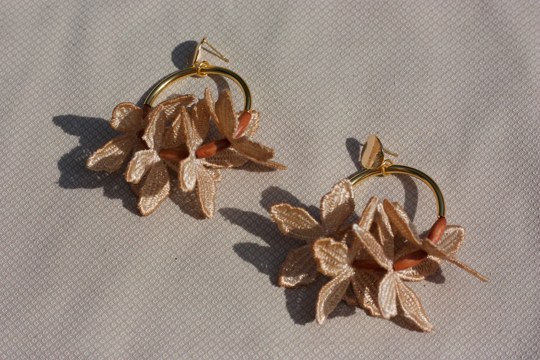 Kui Lei flower hoop earring by Ilk Jewelry featuring a delicate floral design in vintage lace and gold hoop style.
