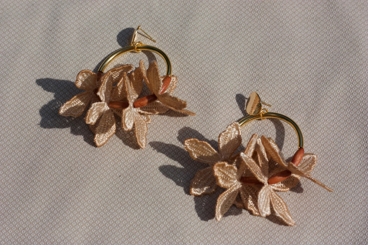 Kui Lei flower hoop earring by Ilk Jewelry featuring a delicate floral design in vintage lace and gold hoop style.