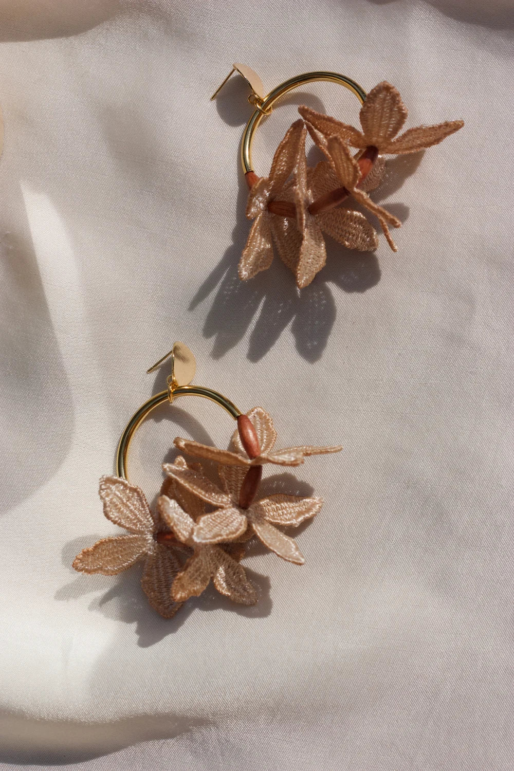 Ilk Jewelry Kui Lei Flower Hoop Earring featuring a delicate floral design in vintage lace and  gold-tone metal for women.