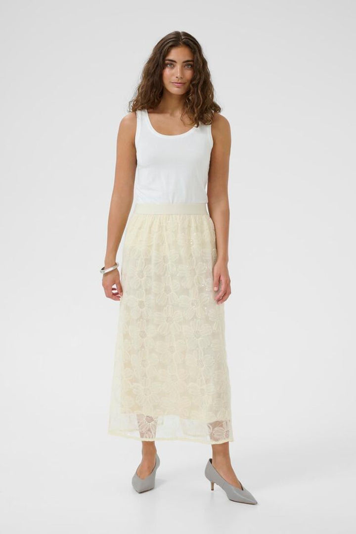 Culture Mera Flower Sequin Skirt featuring yellow floral sequin embellishments and a flowing fabric design.