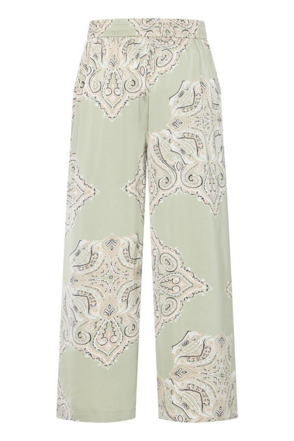 Light sage Green wide leg pant with paisley print and elastic waist
