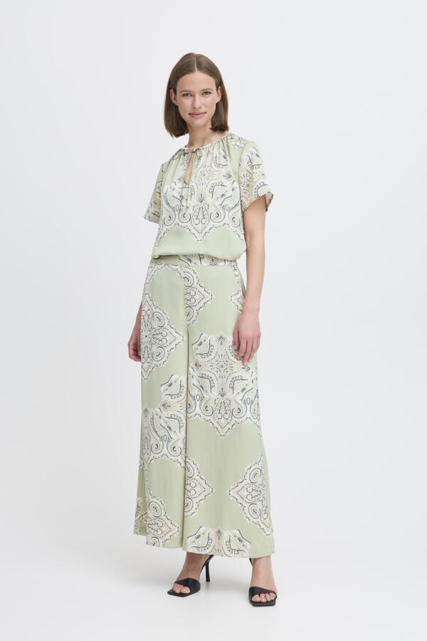 Light sage Green wide leg pant with paisley print and elastic waist