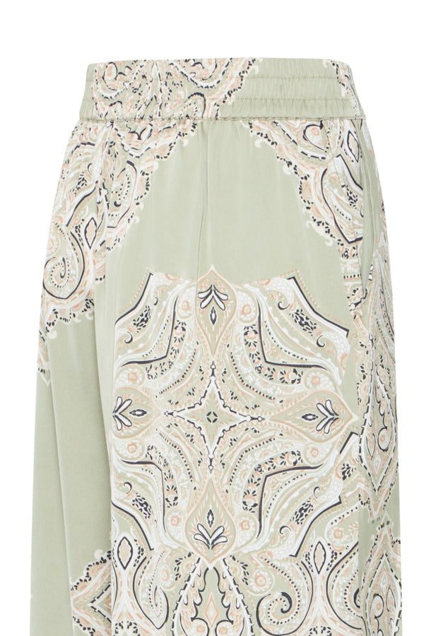 Light sage Green wide leg pant with paisley print and elastic waist