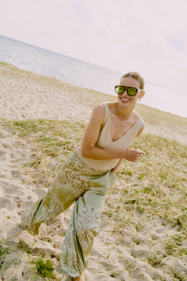 Light sage Green wide leg pant with paisley print and elastic waist