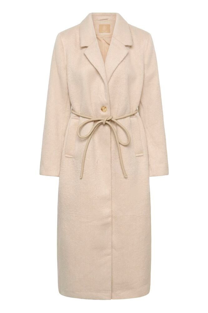 Cream coat with a belted tie waist on a white background