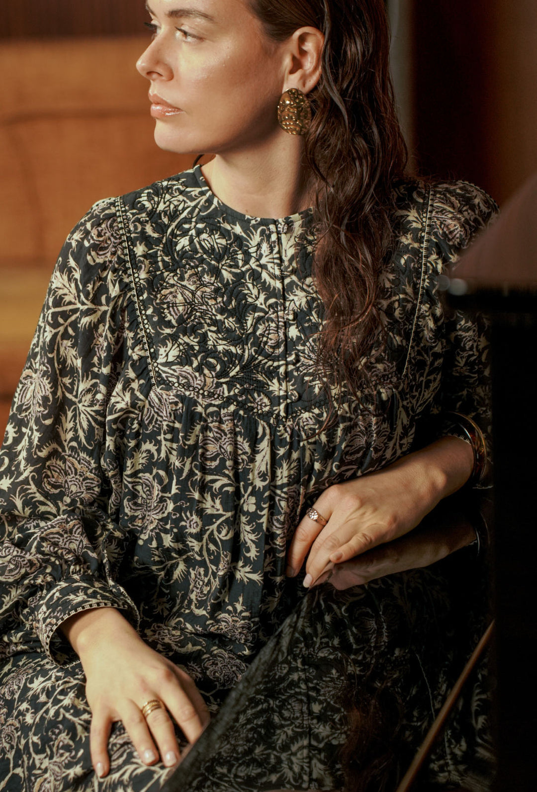 Tarik Block Print Floral Peasant Blouse