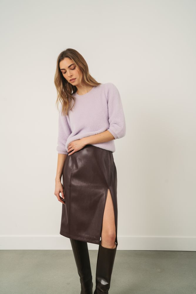 Port burgundy Lydia vegan leather skirt by Gentle Fawn, featuring a sleek, fitted design with a high waist and smooth texture.