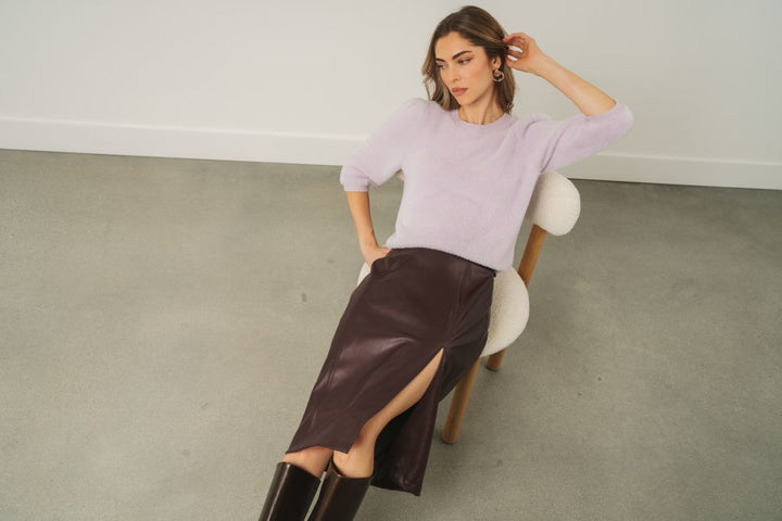 Gentle Fawn Lydia vegan leather skirt in port burgundy color, stylish high-waisted skirt with smooth leather texture.