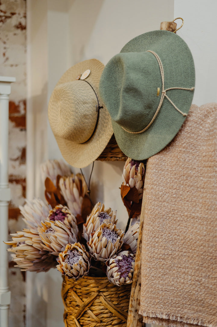 Kooringal Sadie Safari Sun Hat with wide brim and neutral green fabric, perfect for sun protection and outdoor adventures.