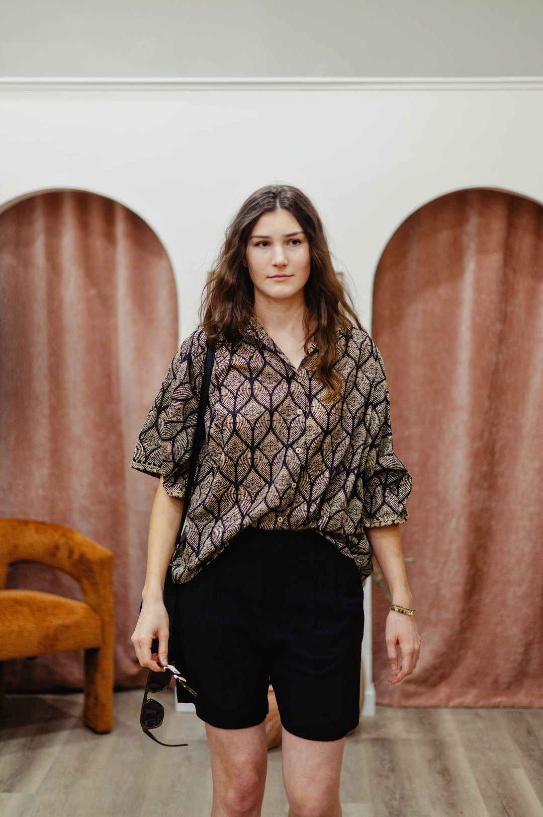MKT Studio Cabilly Blouse featuring lightweight cotton fabric with leaf print, button-down front, and classic collar.
