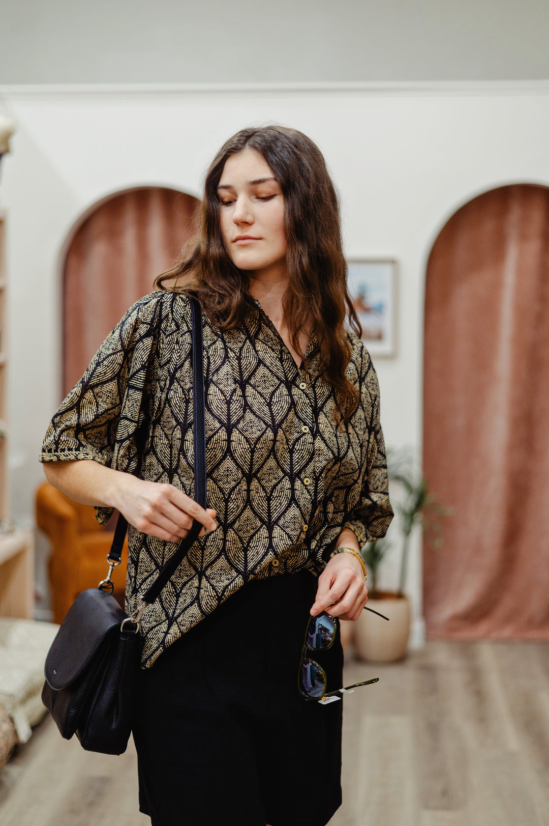 MKT Studio Cabilly Blouse featuring lightweight cotton fabric, short sleeves, and a stylish, casual leaf pattern design for everyday wear