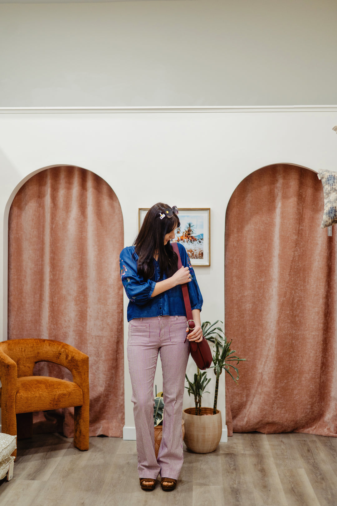 Pink Portofino striped bootcut jeans from MKT Studio featuring a classic pant style with a comfortable fit, retro boho style